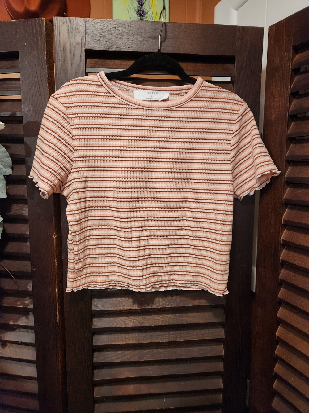 Primark Peach and White Striped Ribbed Crop Tee